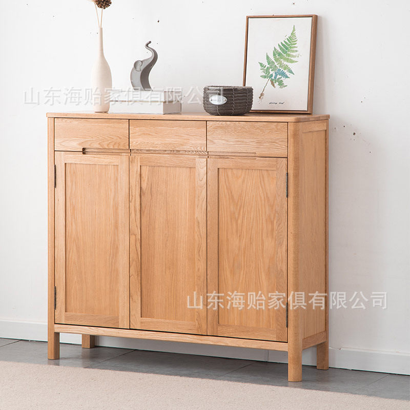 北欧流云三门鞋柜简约现代橡木实木大容量鞋架储物置物柜玄关柜