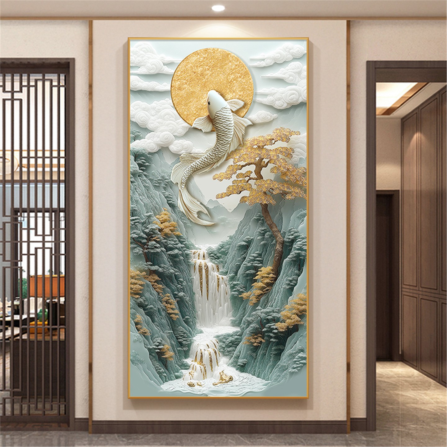 流水生财玄关装饰画锦鲤鱼跃龙门入户挂画浮雕艺术画山水走廊壁画图片