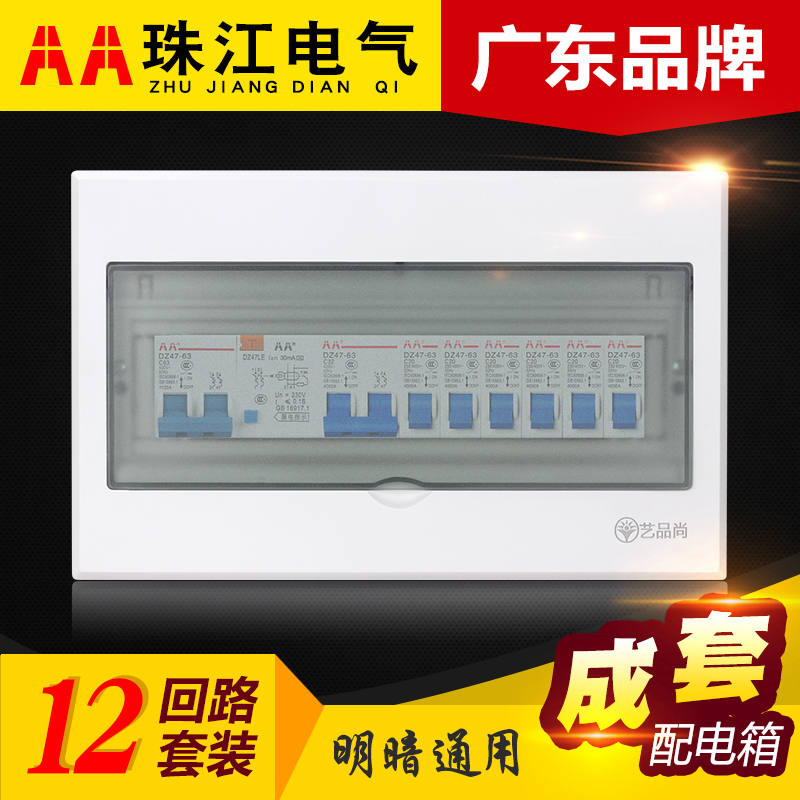 珠江12回路漏保断路器成品室内配电箱塑料暗明装家用强电布线63A