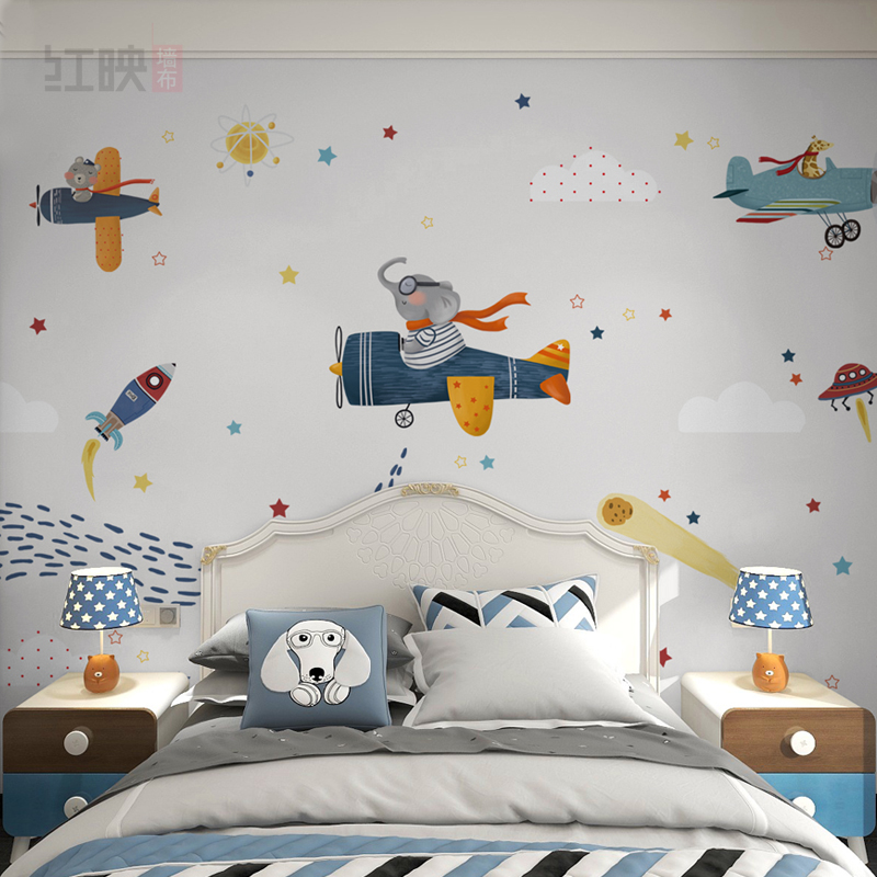 壁纸儿童房男孩卡通飞机墙纸卧室无缝墙布星空壁画定制壁布背景墙