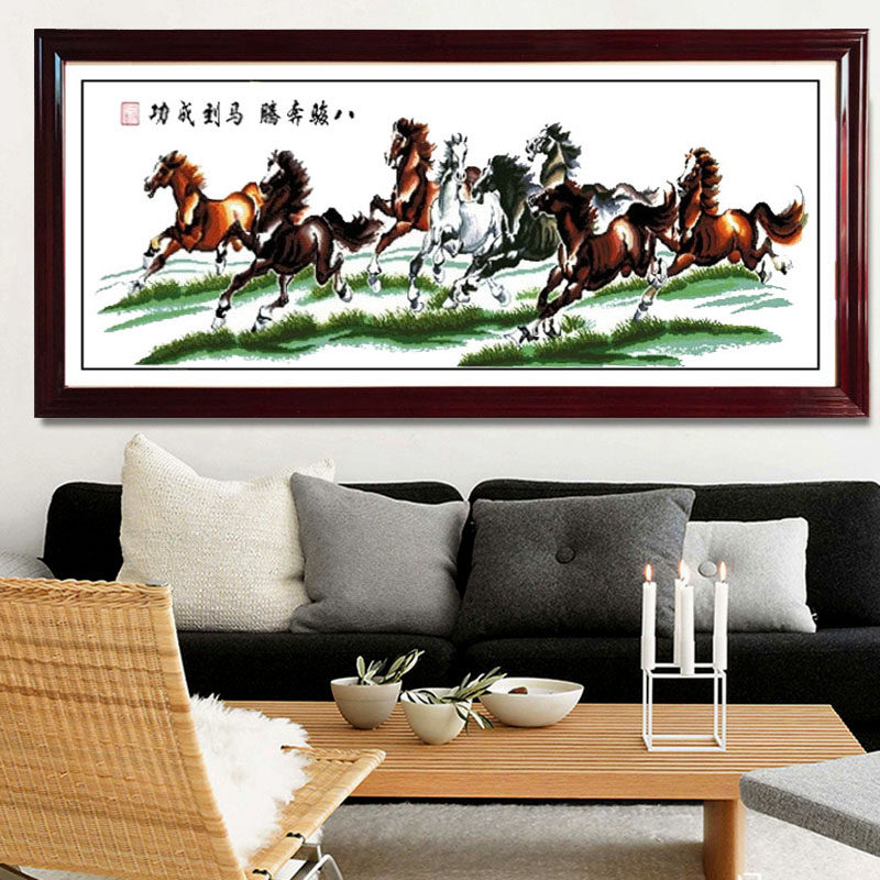 纯手工绣好的十字绣成品马到成功八骏图草地马客厅有带框架已装裱