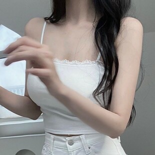 极速纯欲风女人味性感低胸吊带背心女夏季 带胸垫 蕾丝花边修身 短款