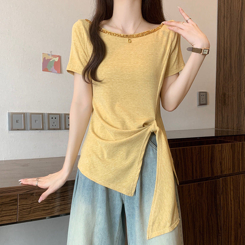 推荐设计感开叉不规则短袖女t恤夏2025新款大码胖mm显瘦修身正肩