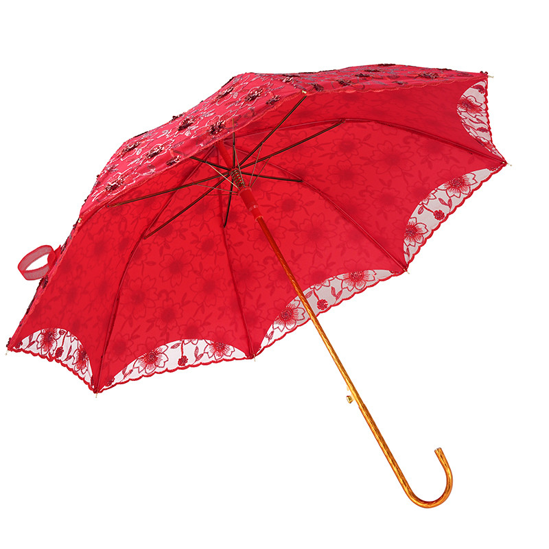 高级红伞结婚新娘陪嫁接亲婚庆出门婚礼古风蕾丝长柄中式红色雨伞