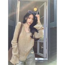 新品纸片人不规则v领针织衫女春夏轻薄款防晒罩衫宽松慵懒风黄色