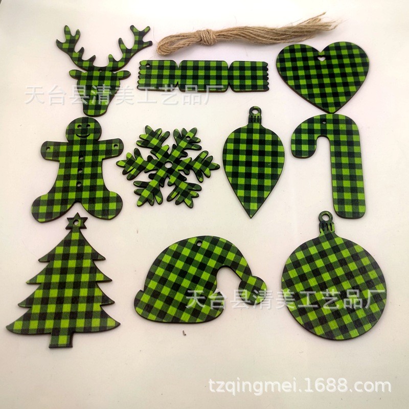 33款青黑格子款圣诞系列木片 圣诞节装饰挂件 可自由组合10个一包