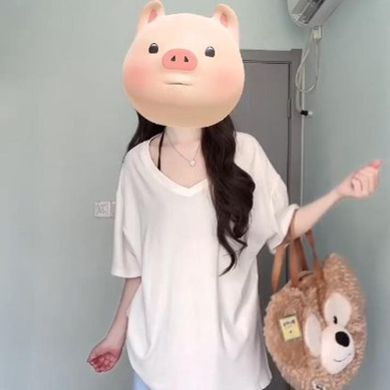 轻奢高货v领白色短袖t恤女夏季2025新款大码显瘦遮肚子中长款正肩