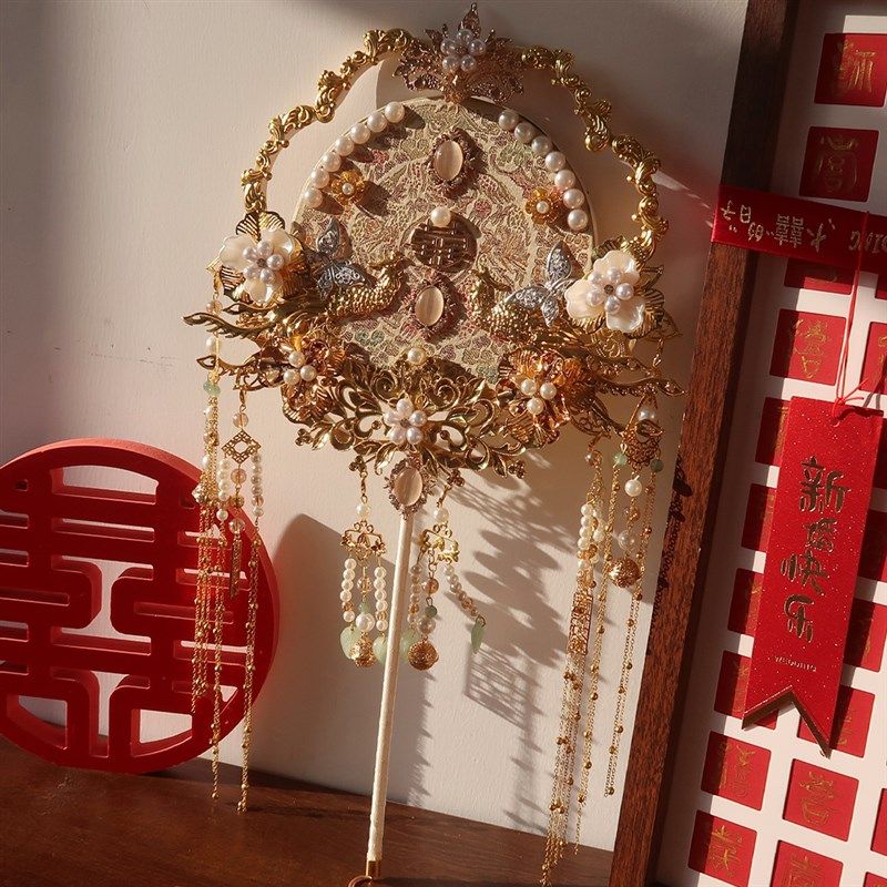 香槟色新娘团扇diy材料包中式婚礼出嫁手捧花秀R禾服结婚晨袍扇子