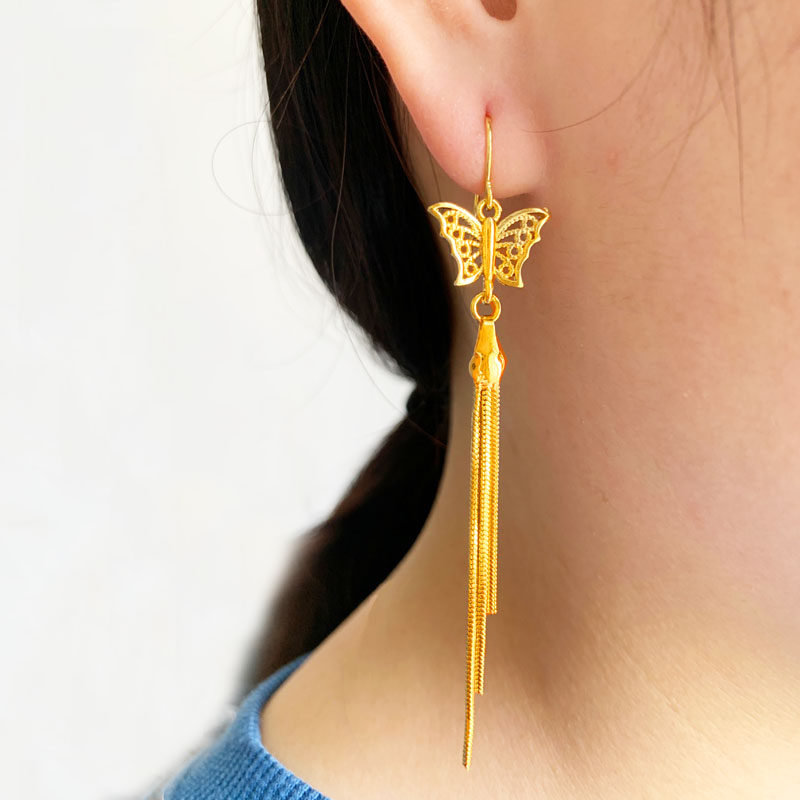 时尚仿黄金耳环女款仿黄金耳坠流苏蝴蝶结长款镀金耳饰仿真金首饰