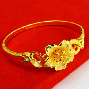 久不掉色黄金手镯仿999足金女款24K镀金镯子大花朵结婚首饰金包银
