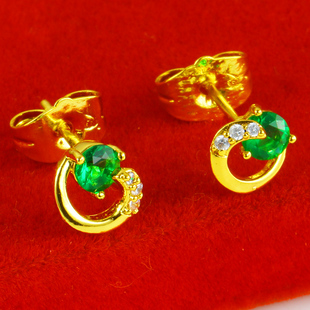 仿真黄金耳钉999足金女款彩宝耳环18K金真金子高档豪华绿色金首饰