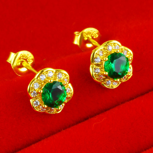 仿真黄金耳钉9999足金女款红宝石祖绿碧玺真金耳环彩宝豪华纯金