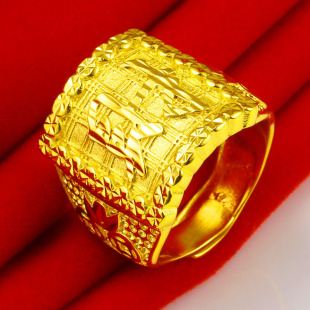 仿真珠宝黄金戒指男款发财字长方戒子男士重宽大纯金首饰