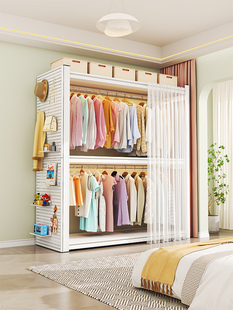 开放式货架衣柜落地洞洞板防尘帘衣架置物架角钢货架出租屋衣帽架