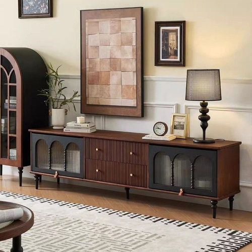 法式美式复古实木电视柜茶几客厅黑色古风储物柜小户型落地收纳柜