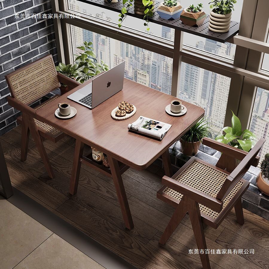 实木桌椅三件套组合中古风小户型家用茶几双层方餐桌阳台休闲茶桌