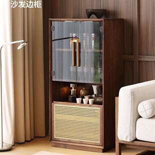 北美黑胡桃木电视边柜客厅沙发旁立柜靠墙实木置物柜带玻璃门斗柜