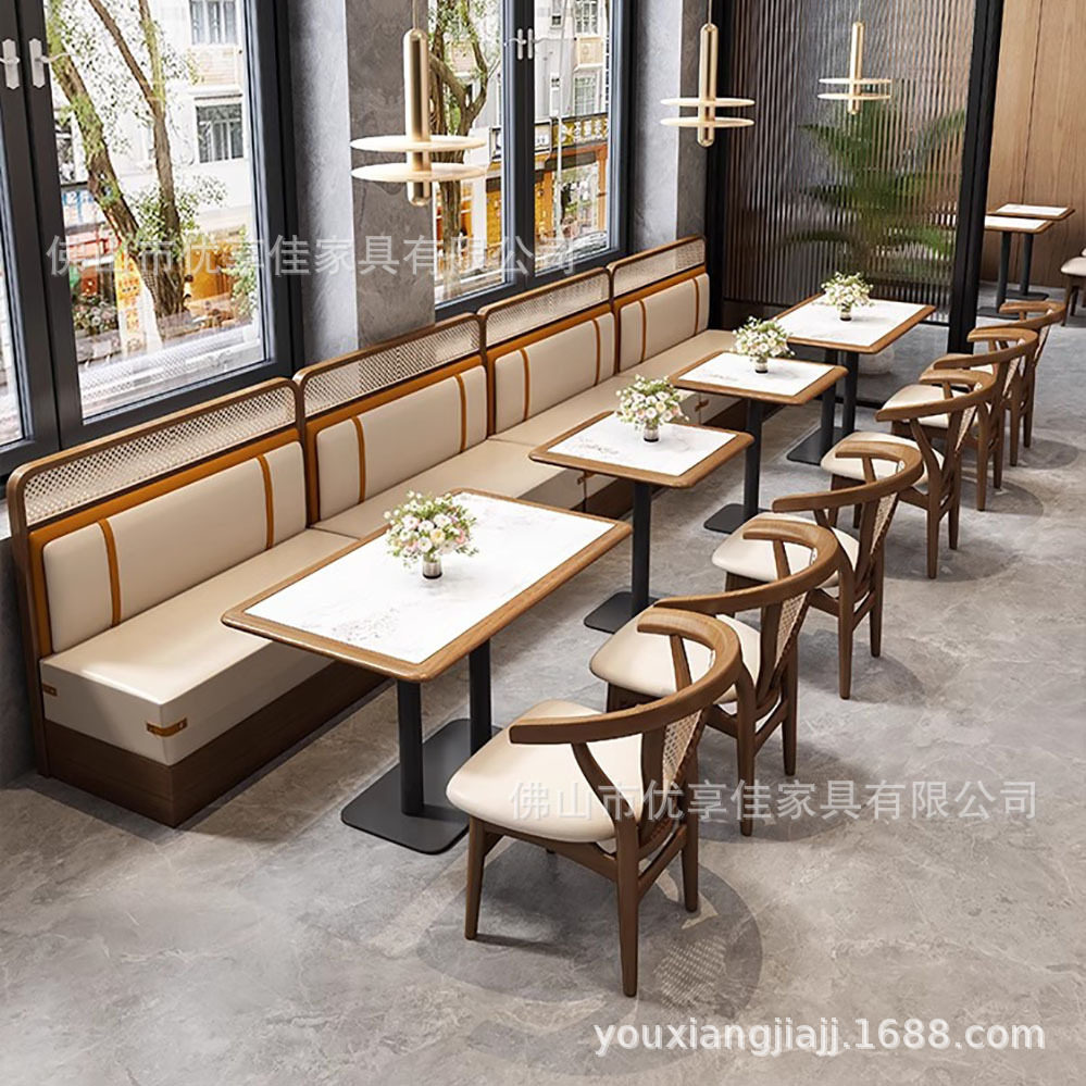 定制编藤日料饭店实木桌椅组合主题西餐厅卡座沙发茶楼北欧风轻奢