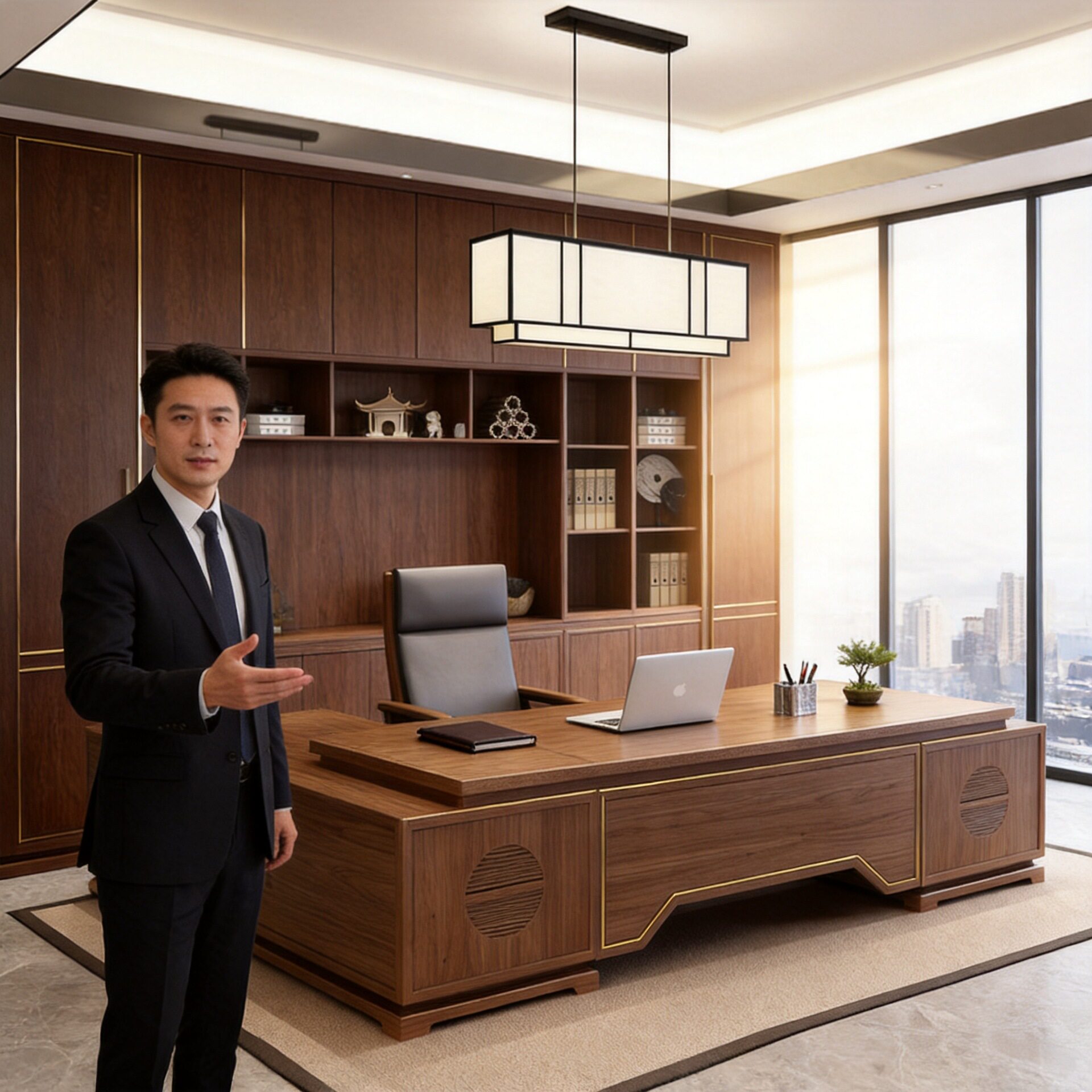 实木办公桌椅组合老板桌总裁大班台简约办公家具乌金木书桌白蜡木