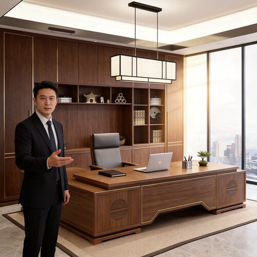 实木办公桌椅组合老板桌总裁大班台简约办公家具乌金木书桌白蜡木