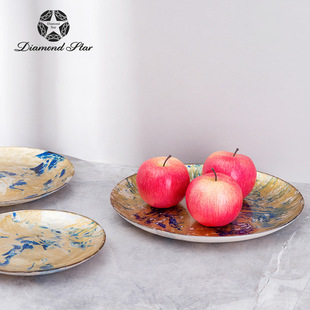 摆件装 钻石星 软装 轻奢欧式 饰工艺品 创意贴金箔彩色玻璃浅口果盘