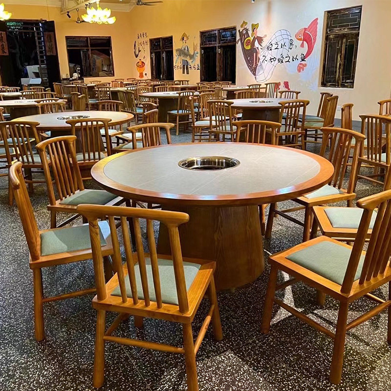 乐从厂家批发串串1.4米火锅桌中式实木包岩板火锅餐桌电池炉一体