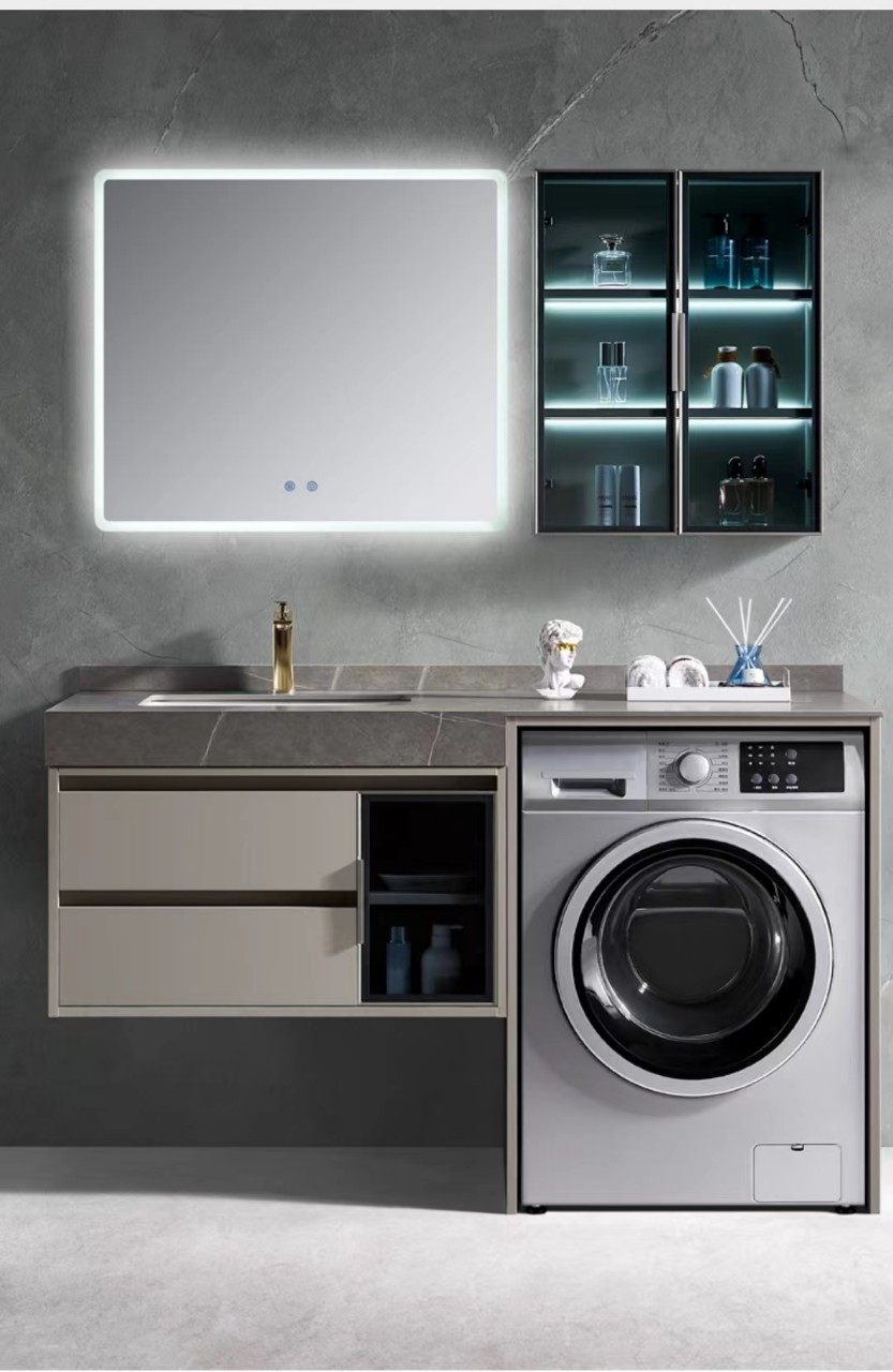 现代简约岩板台面洗衣柜灰色实木挂墙式平面浴室柜组合智能镜