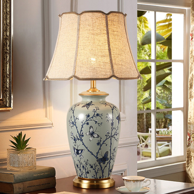 美式复古蓝色花鸟陶瓷台灯大号客厅边几卧室床头灯酒店现代桌灯