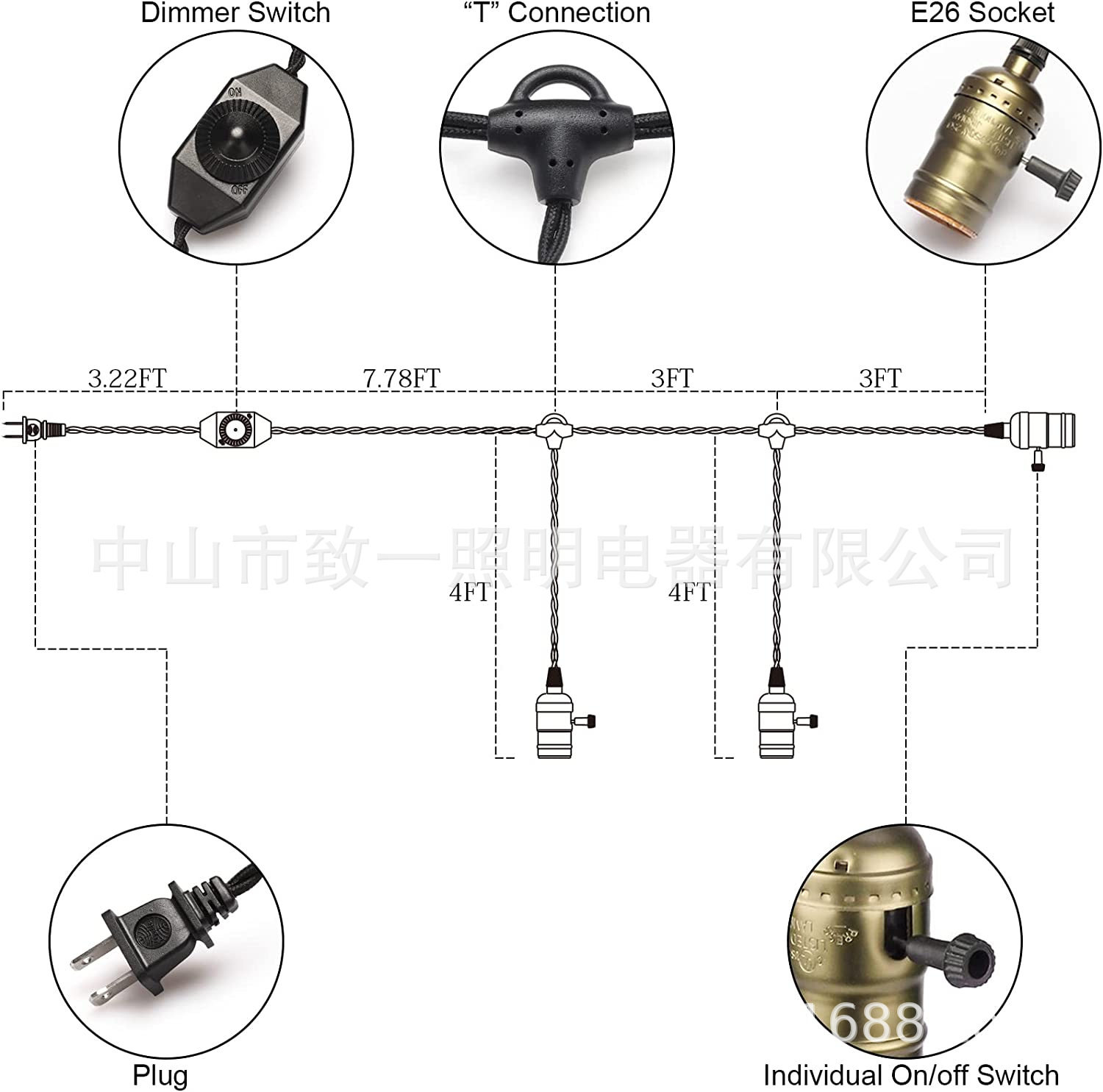 跨境销售工业天花板吊灯 复古防插入式麻绳 DIY枝形吊灯