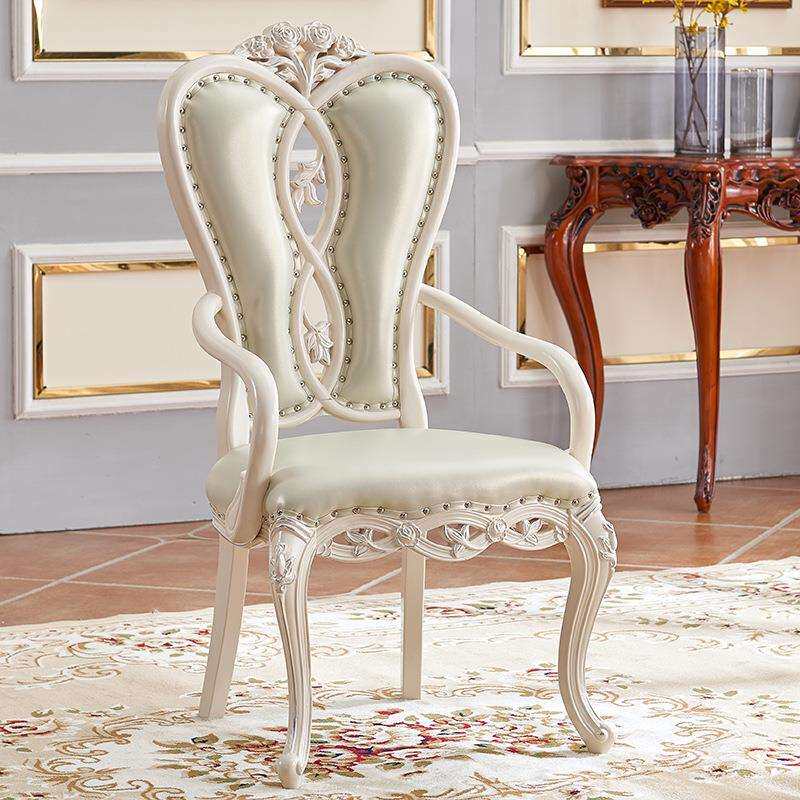 实木简约欧式轻奢餐椅白色软包餐桌椅美式家用咖啡椅休闲扶手椅子