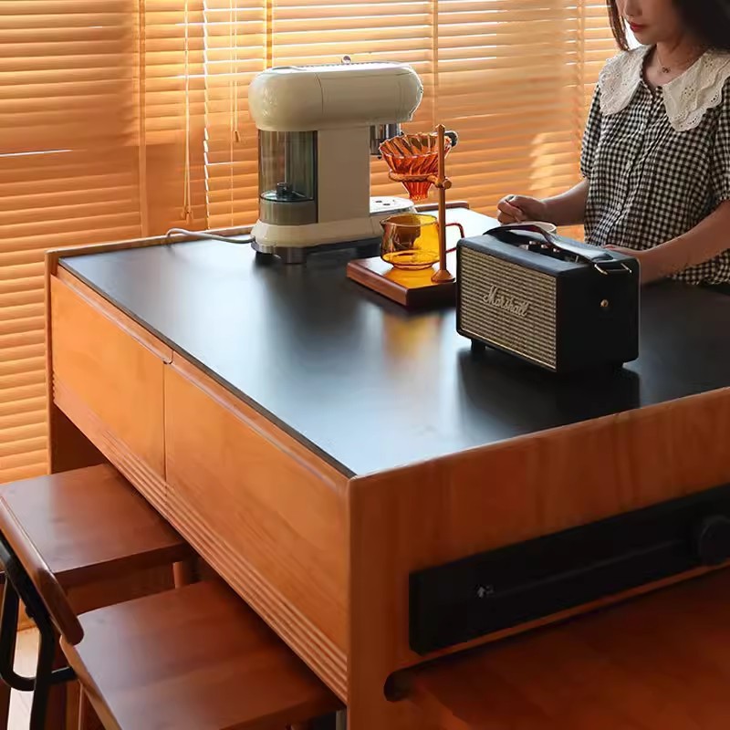 北欧黑胡桃木实木岛台餐桌一体可伸缩隔断柜日式樱桃木岩板中岛台