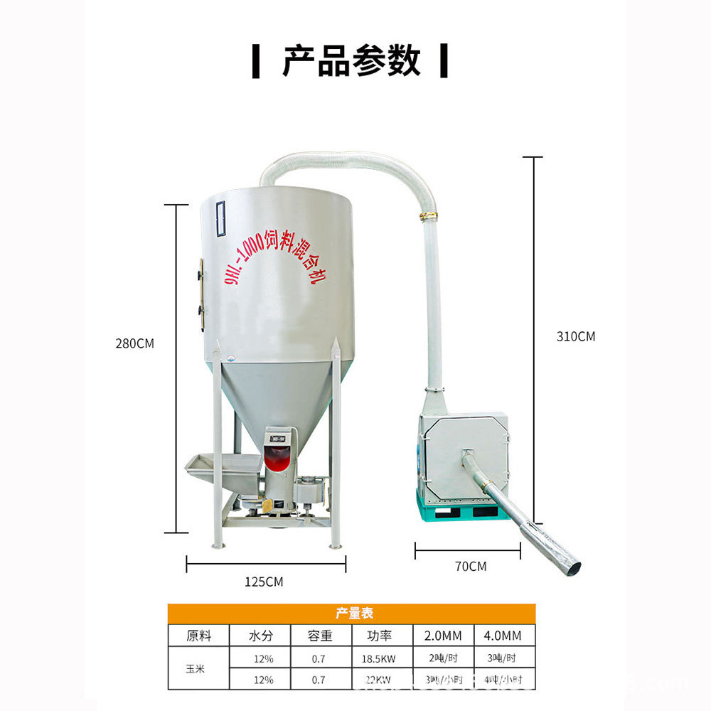 立式饲料粉碎搅拌一体机高喷粉碎机1000公斤三相电预混饲料搅拌机
