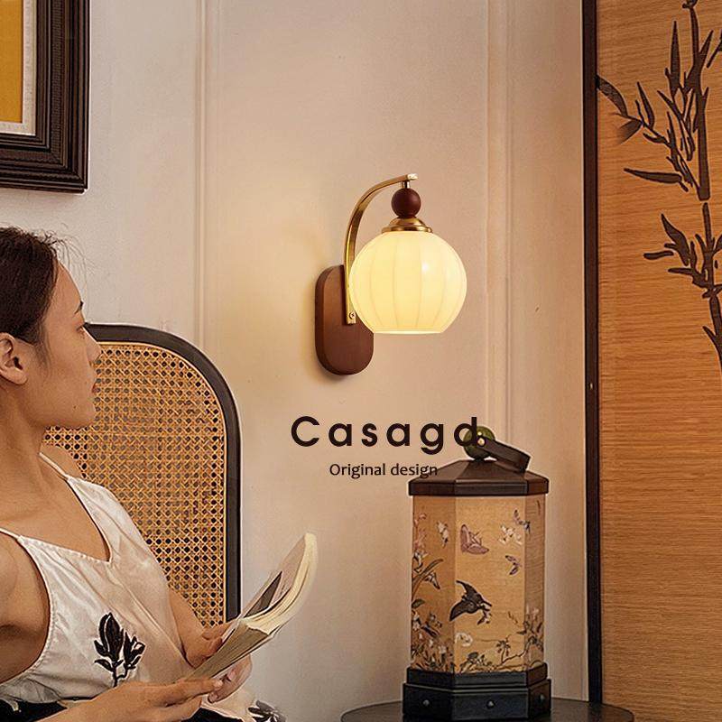 中古风卧室壁灯复古实木玻璃灯罩客厅床头过道走廊墙壁灯具casagd