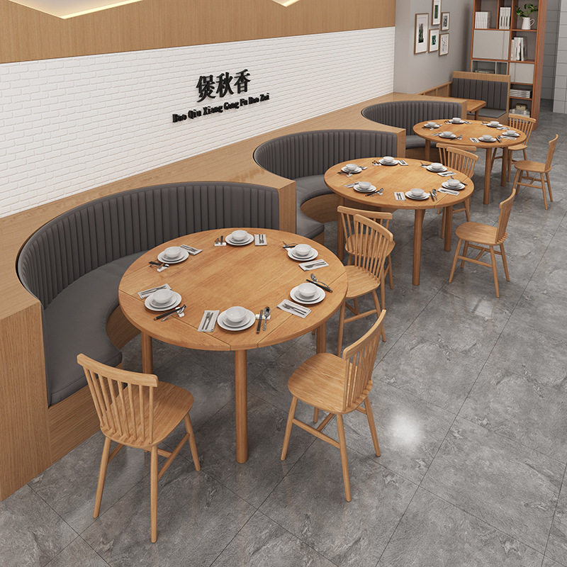 圆桌早餐店桌椅实木餐桌可折叠圆形饭桌子餐饮商用会客接待洽谈桌图片