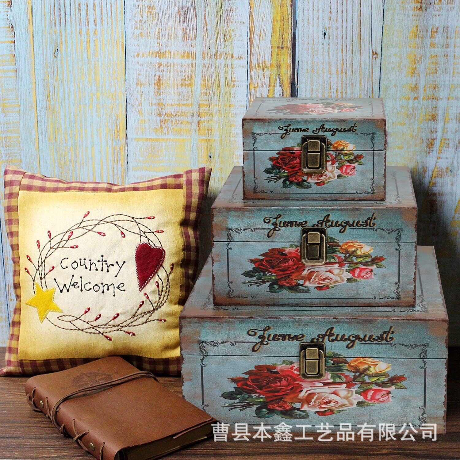 实木收纳盒美式怀旧储物箱彩绘卧室饰品珠宝纪念大容量木质收纳盒