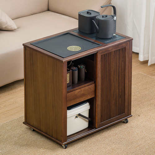 黑胡桃木茶桌家用小茶台边柜移动茶车实木泡茶几烧水壶一体茶水柜
