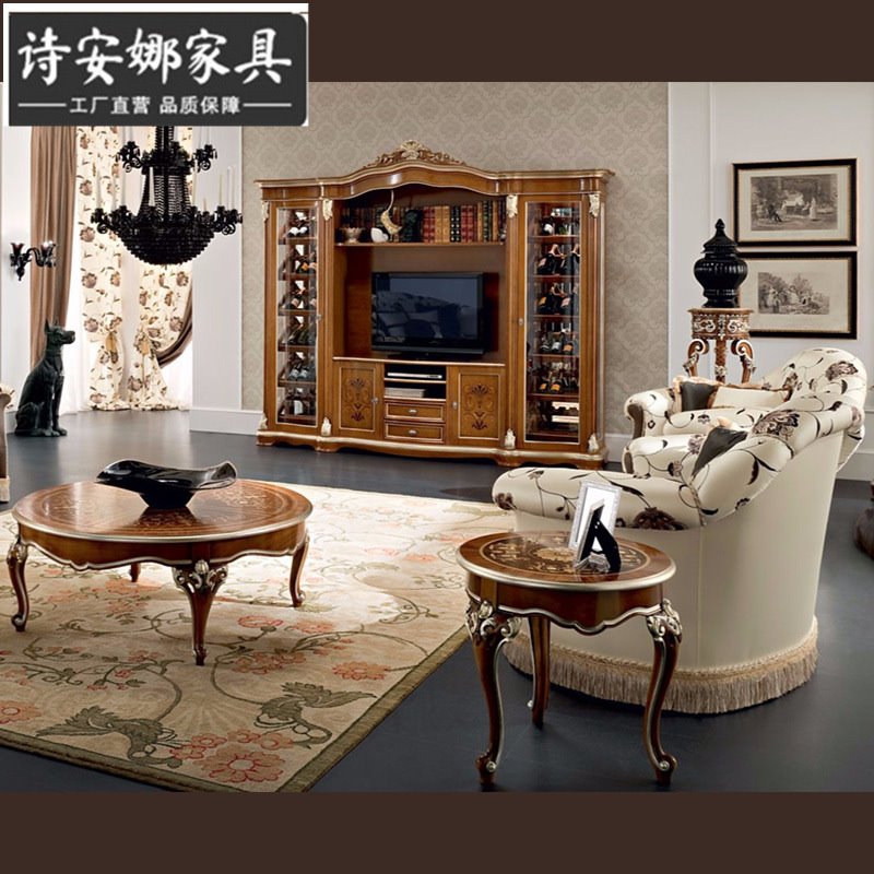美式茶几实木雕花客厅复古圆茶桌新古典描银茶台