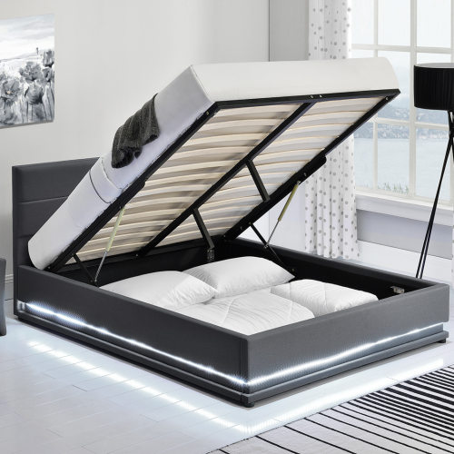 外贸工厂Led灯储物卧室床可定制尺寸皮艺床ottoman bed  bedroom