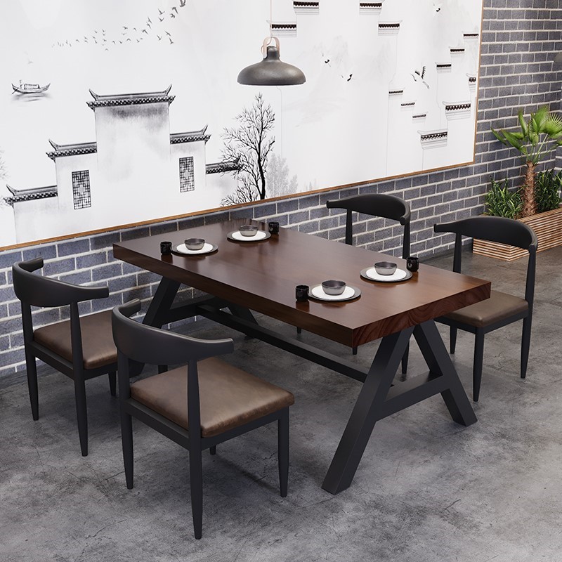 loft工业风实木长方形桌子餐厅饭店桌椅组合商用酒吧铁艺复古餐桌图片