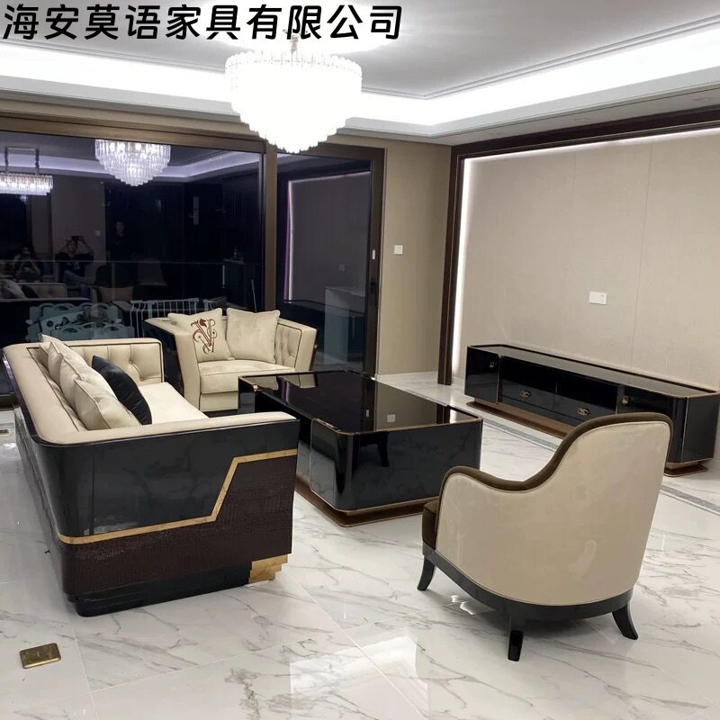 意式轻奢沙发简约真皮套房客厅沙发组合港式别墅实木奢华家具