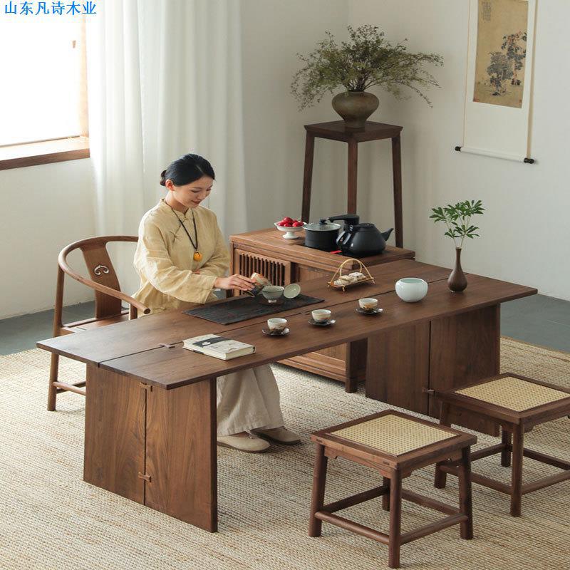 新中式黑胡桃木大板茶桌椅组合