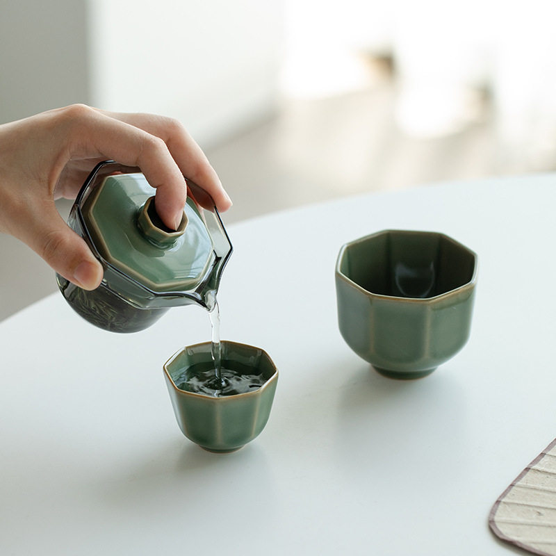 越窑青瓷玻璃快客杯一壶两杯户外露营旅行茶具随身便携式套装礼品