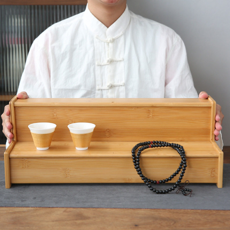 简约竹制品茗杯茶杯架双层小号博古架茶壶收纳架子古董文玩展示架