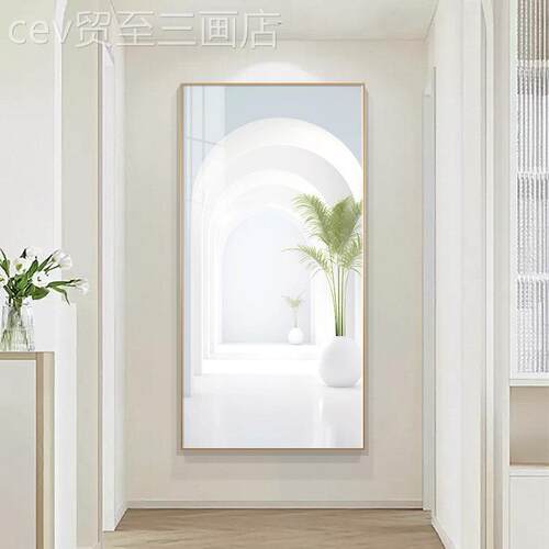 网红轻奢画大气入户门玄关装饰走空间延伸客厅廊道挂画绿植进墙过