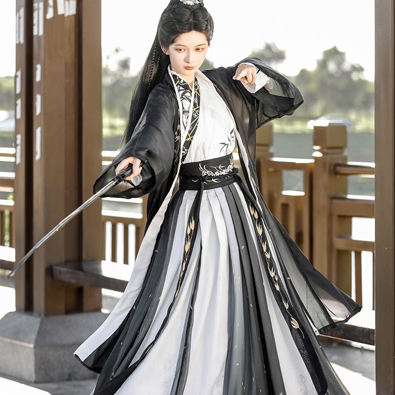 宋制汉服男女款成人女古装长褙子黑色中国武侠水墨风仙气飘飘秋季
