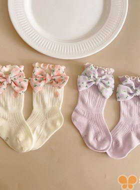 碎花蝴蝶结婴儿长筒袜宝宝夏网眼纯棉透气无骨木耳边女童中筒袜子