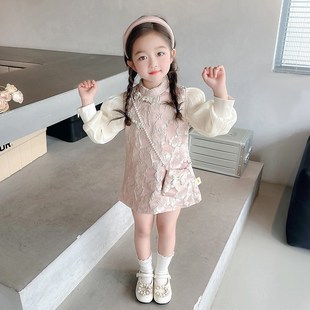 女童春秋款花朵马甲连衣裙2024新款中国风秋季女宝宝新中式两件套