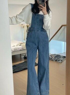 ooh-hha89657蓝色背带牛仔裤女高腰显瘦宽松拖地新款