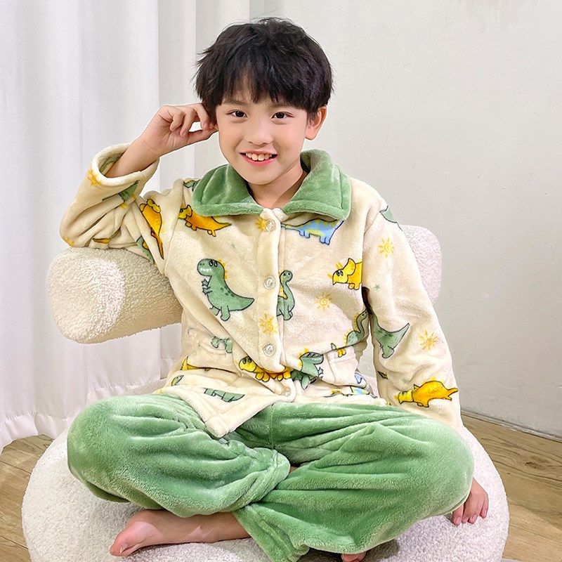 秋冬季儿童珊瑚绒睡衣男童加厚秋款法兰绒男孩家居服女童宝宝套装