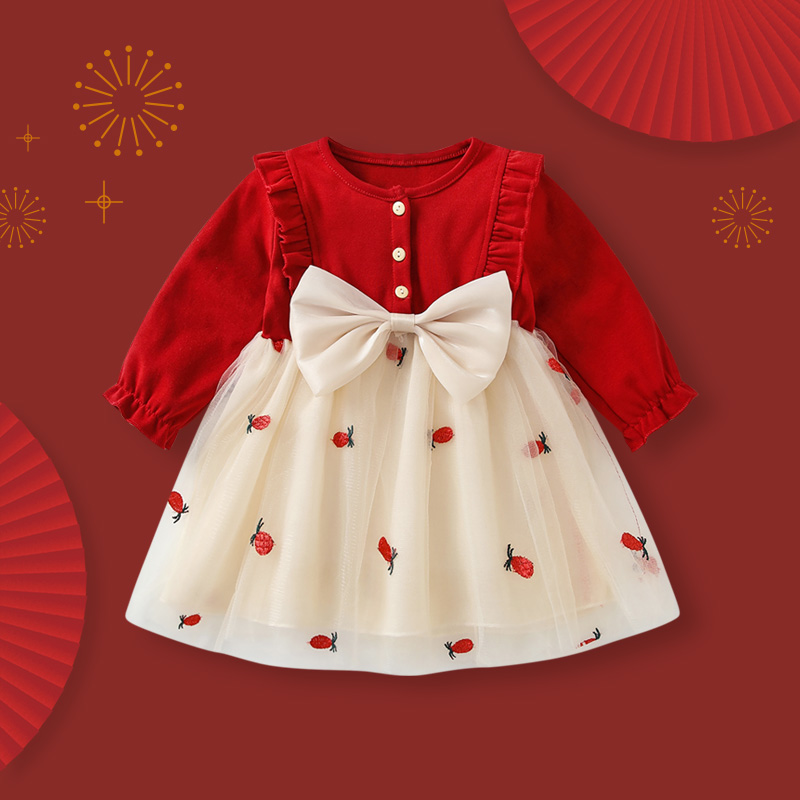 女宝宝周岁礼服秋装女童红色连衣裙婴儿满月百天抓周宴裙子公主裙